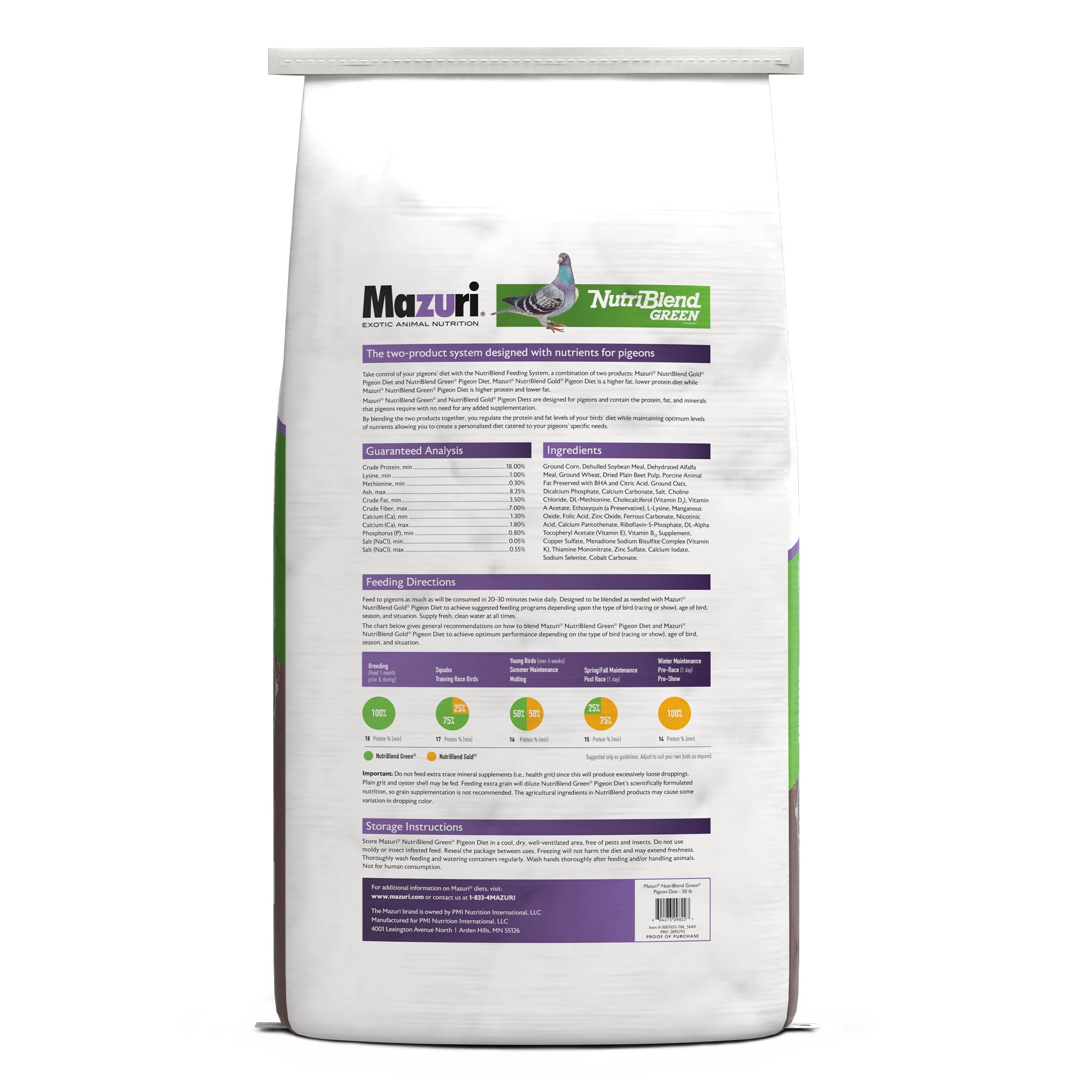 Mazuri NutriBlend Pigeon Green bag back with guaranteed analysis, ingredients and feeding directions