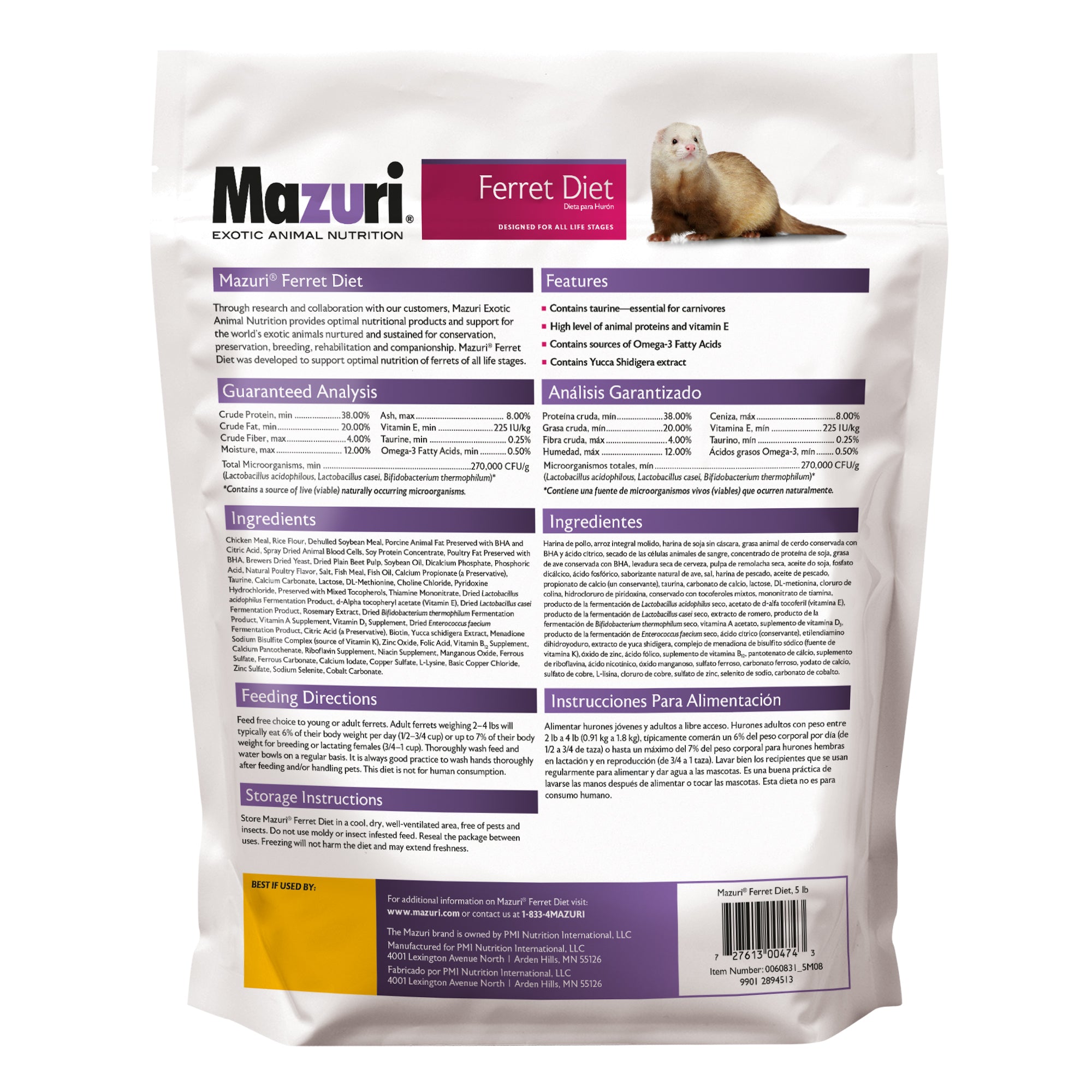 Ferret Diet 5 pound bag back with product information