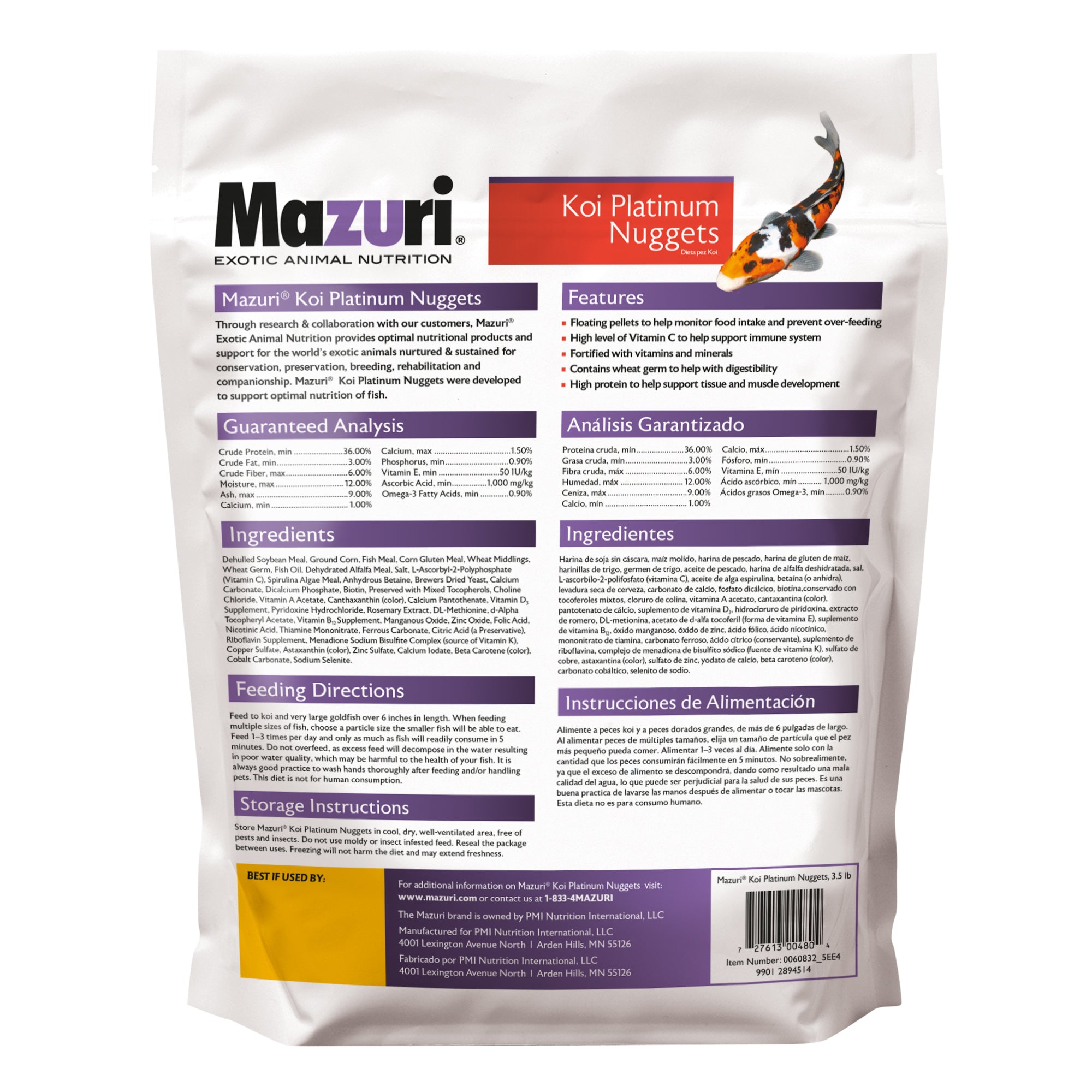 Koi Platinum Nuggets 3.5 lb bag back with product information