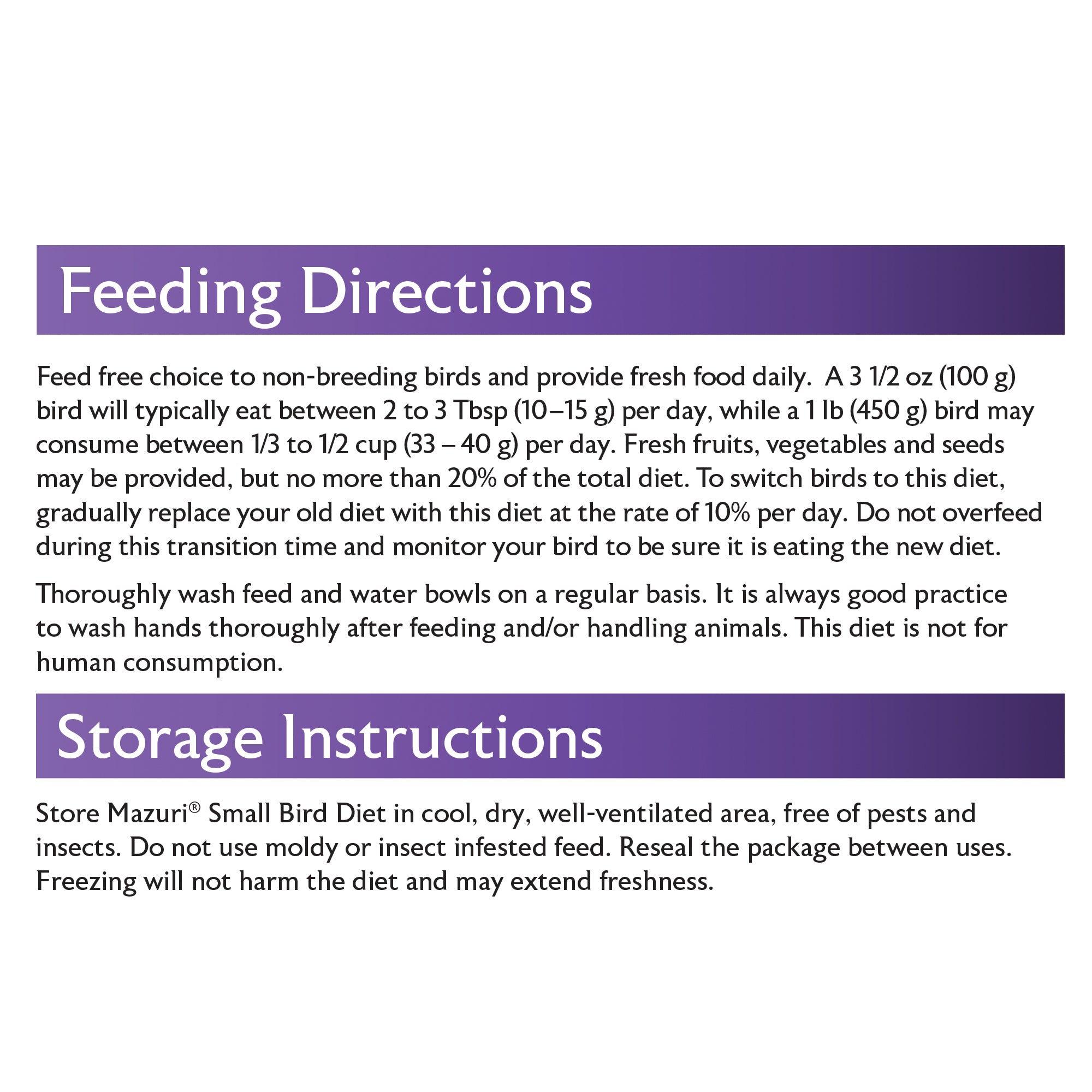 Small Bird Diet feeding directions