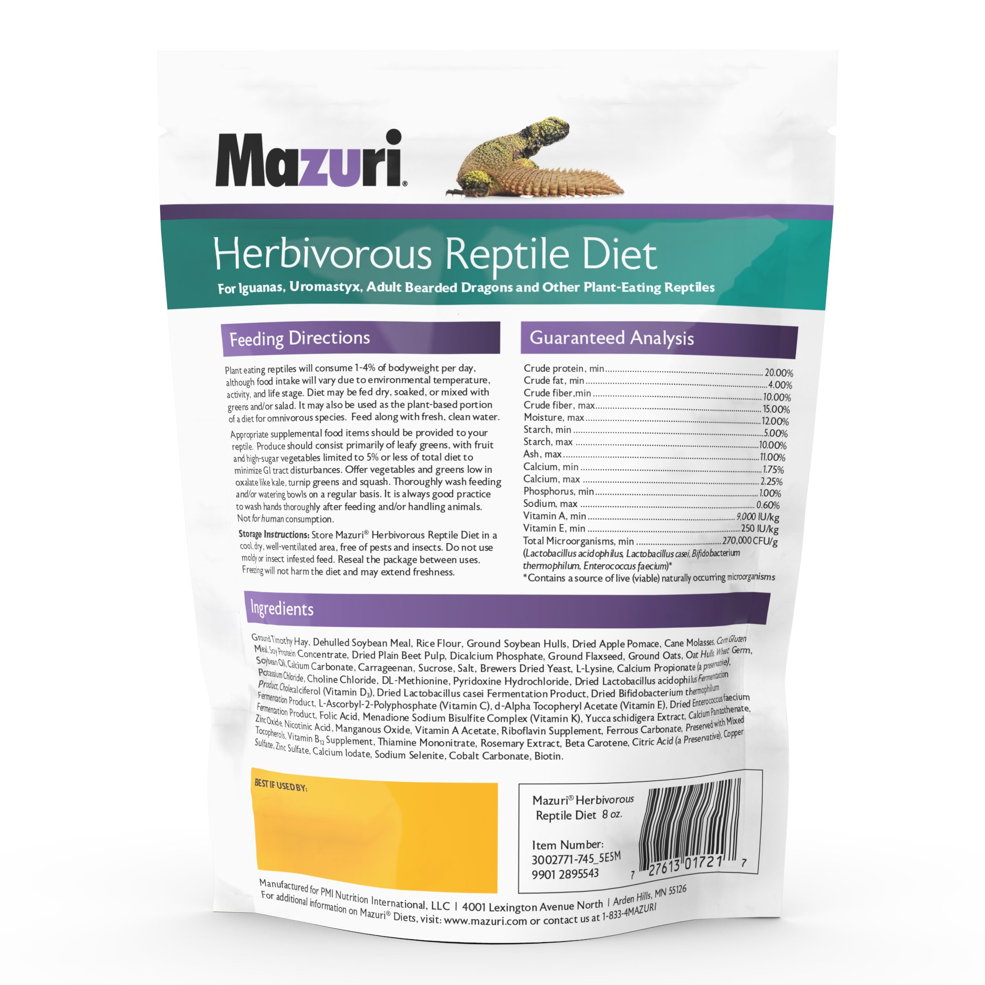 Back View of Herbivorous Reptile Diet 8 oz Pouch