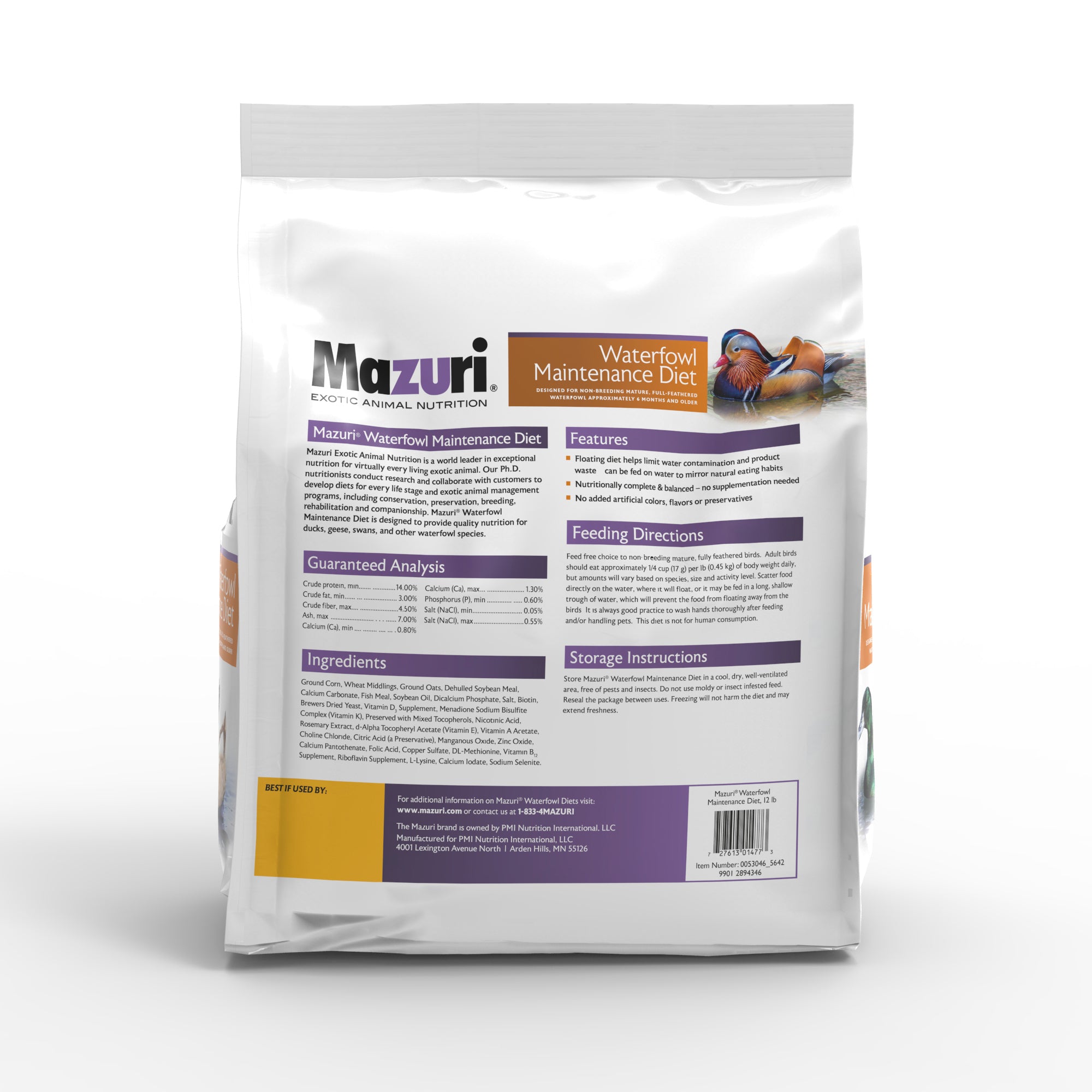 Waterfowl Maintenance Diet 12 lb bag with product information