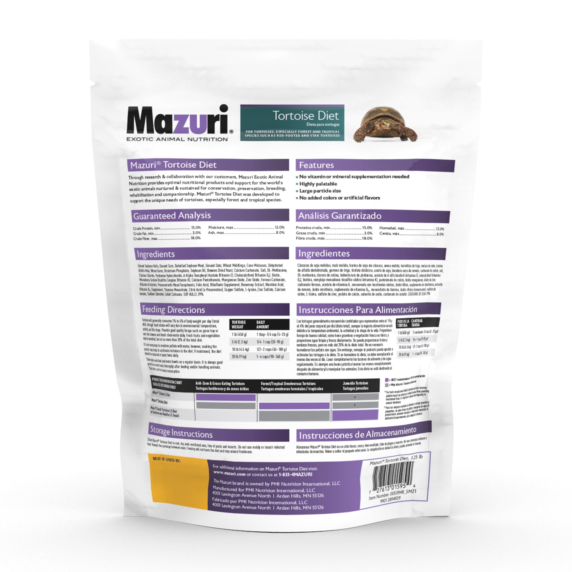 Mazuri Tortoise Diet back of bag with features, guaranteed analysis, ingredients and feeding directions.