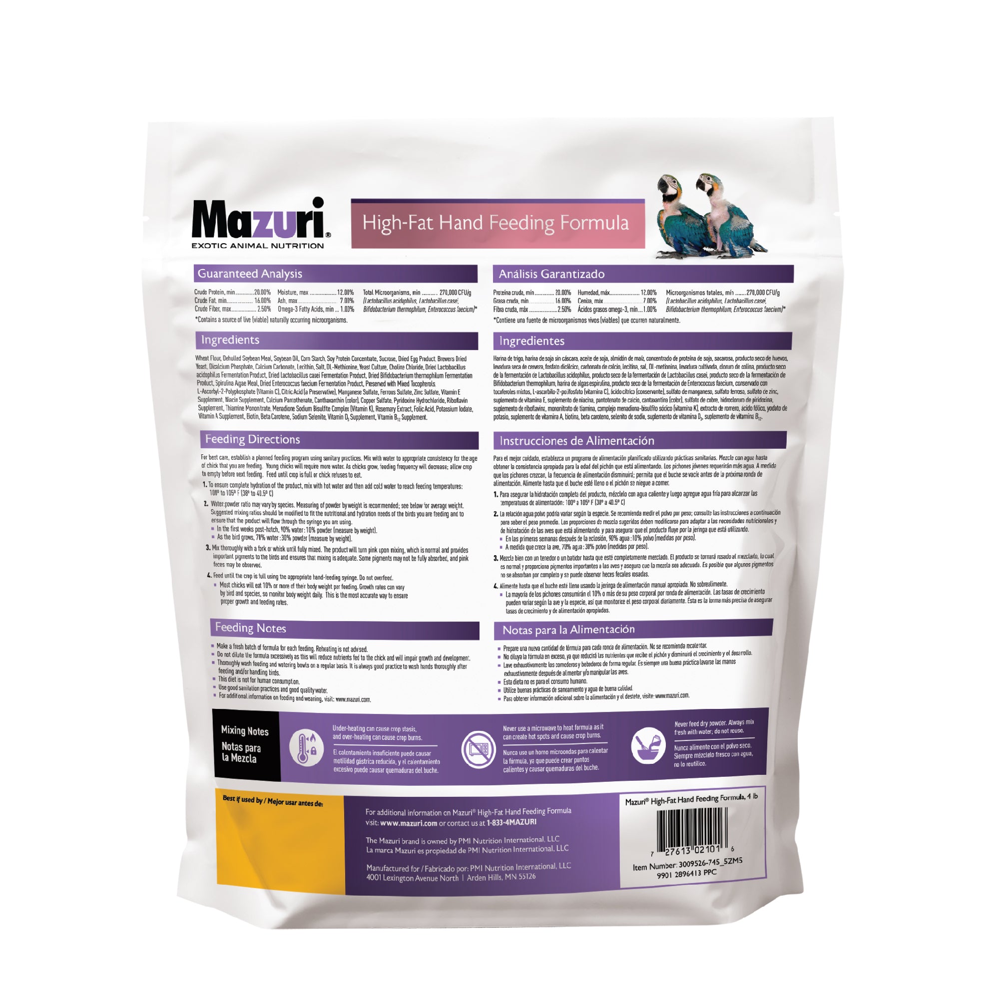 High-Fat Hand Feeding Formula bag back with product information