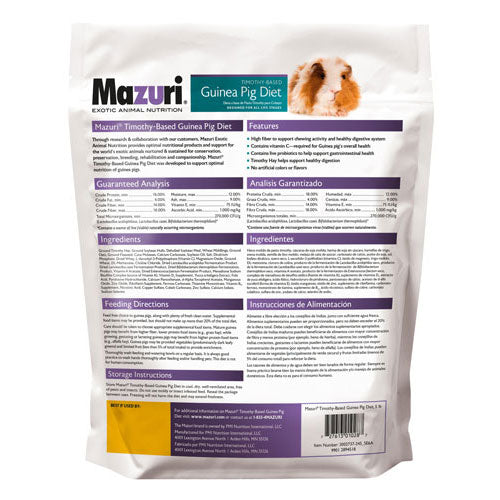 Mazuri Timothy-Based Guinea Pig Diet small bag back with features, guarantees and feeding directions