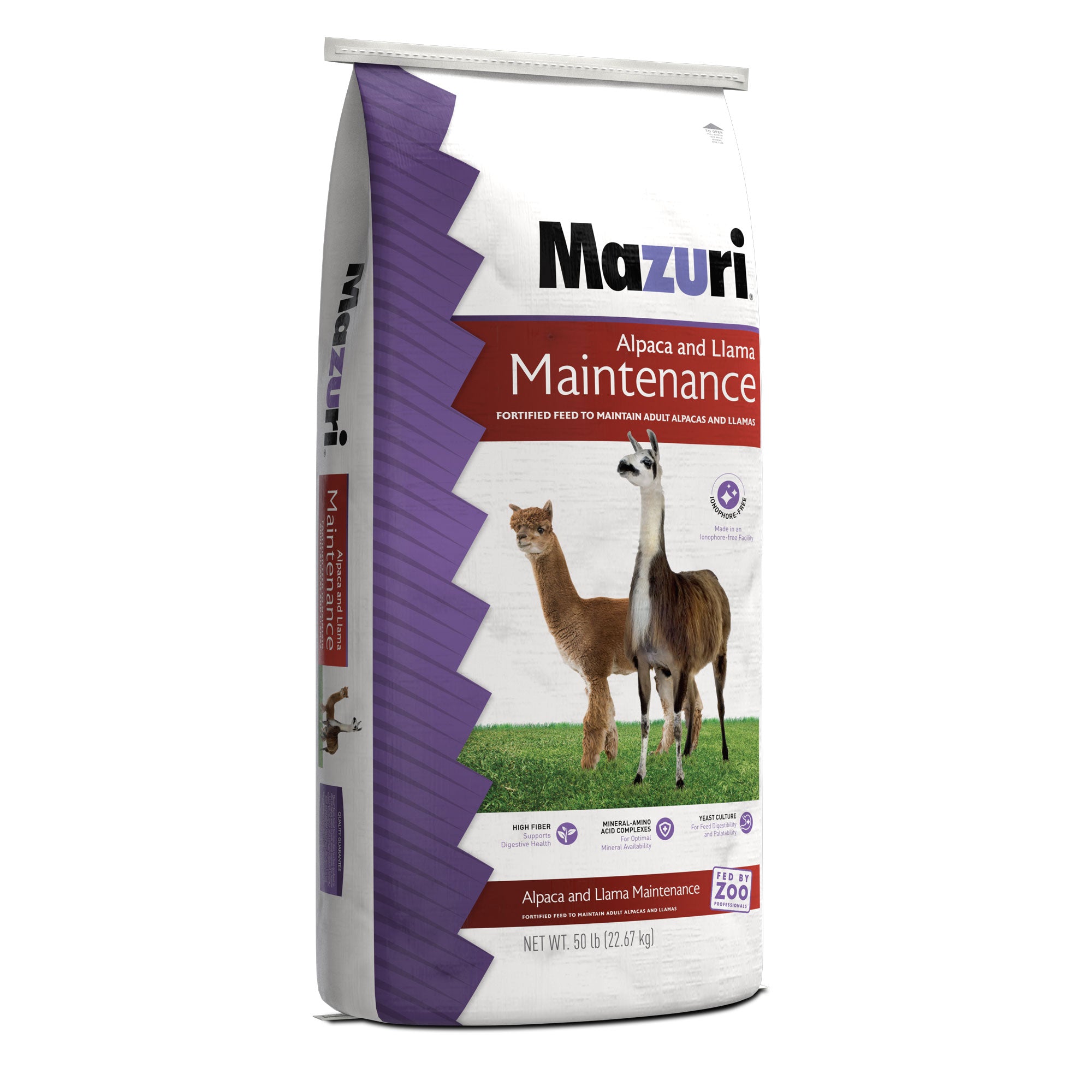 Mazuri Alpaca Llama Maintenance large bag with a tan alpaca and brown and white llama showing gusset