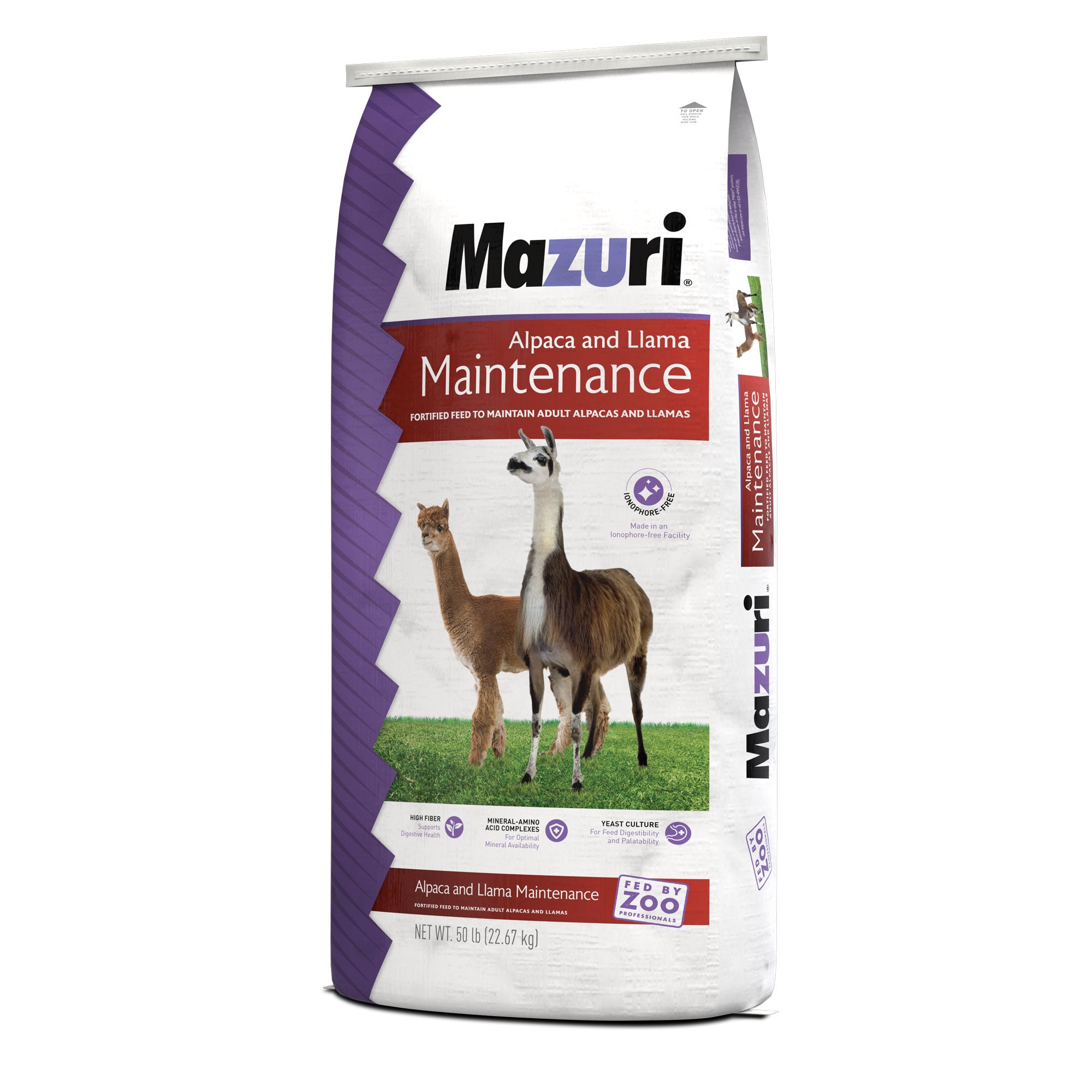 Mazuri Alpaca Llama Maintenance large bag with a tan alpaca and brown and white llama showing gusset