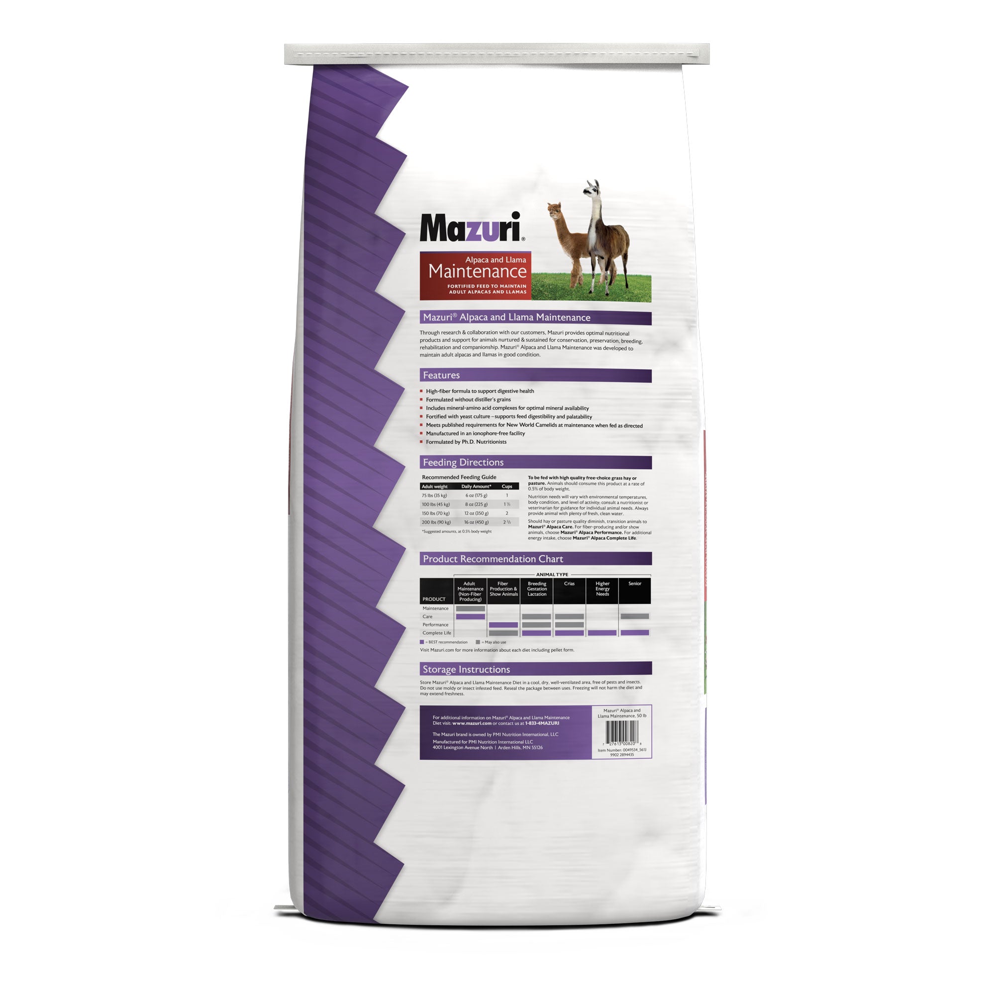Mazuri Alpaca Llama Maintenance bag back with features, guarantees and feeding directions.