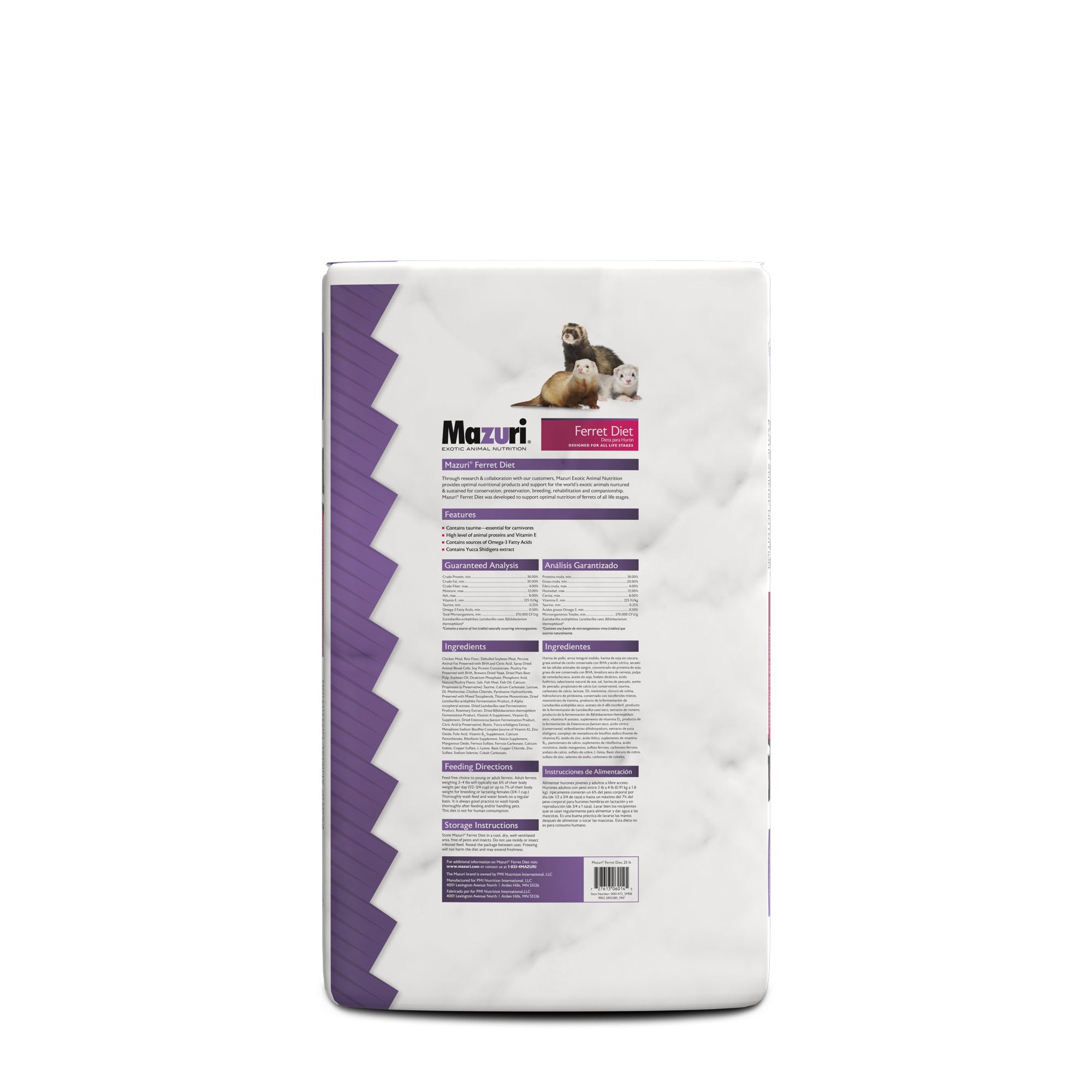 Ferret Diet 25 pound bag back with product information