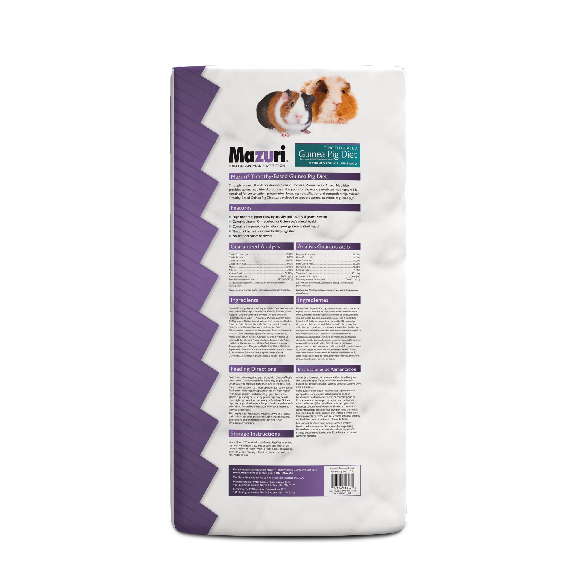 Mazuri Timothy-Based Guinea Pig large bag back with features, guarantees and feeding direcitons