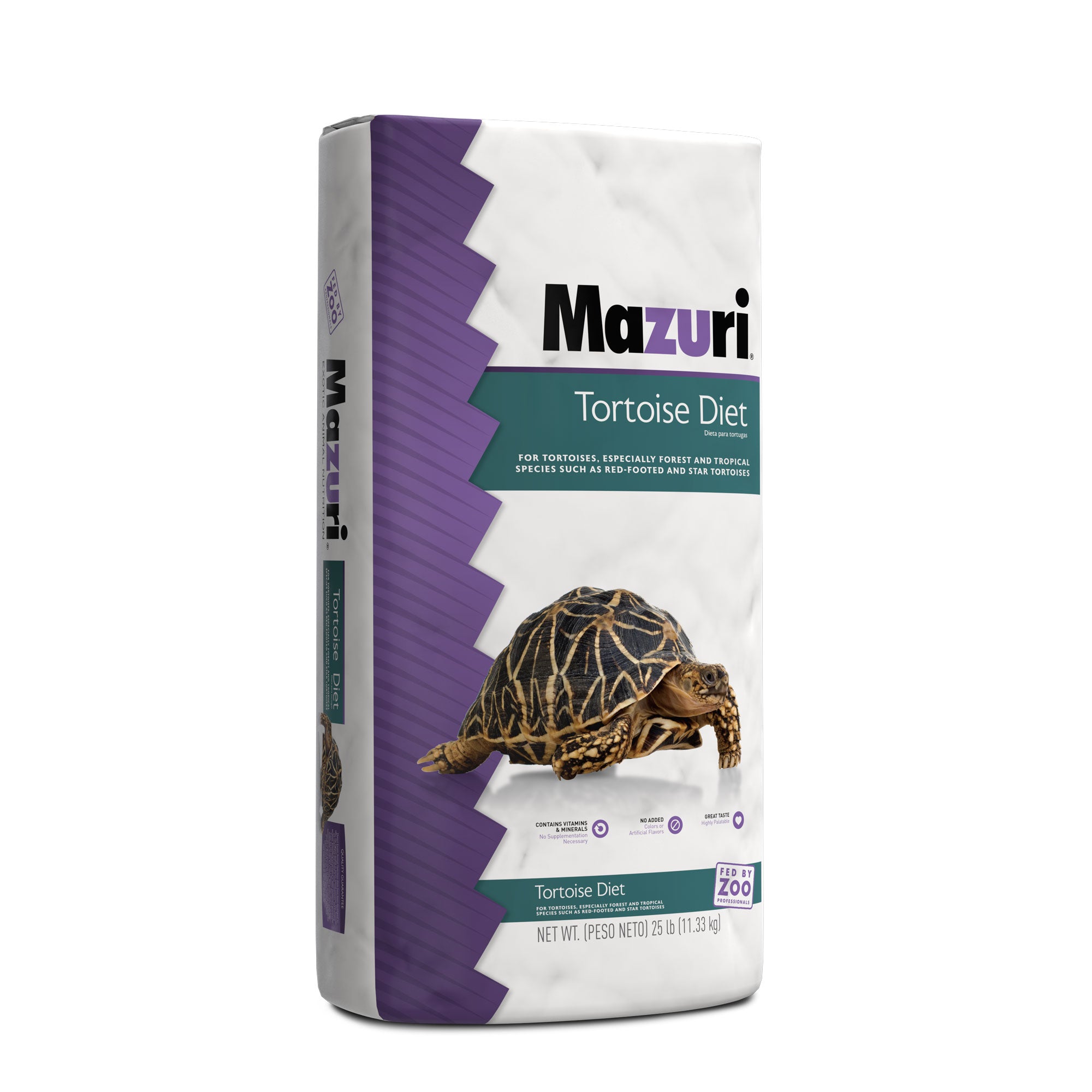 Mazuri Tortoise Diet large bag with tortoise image showing left gusset