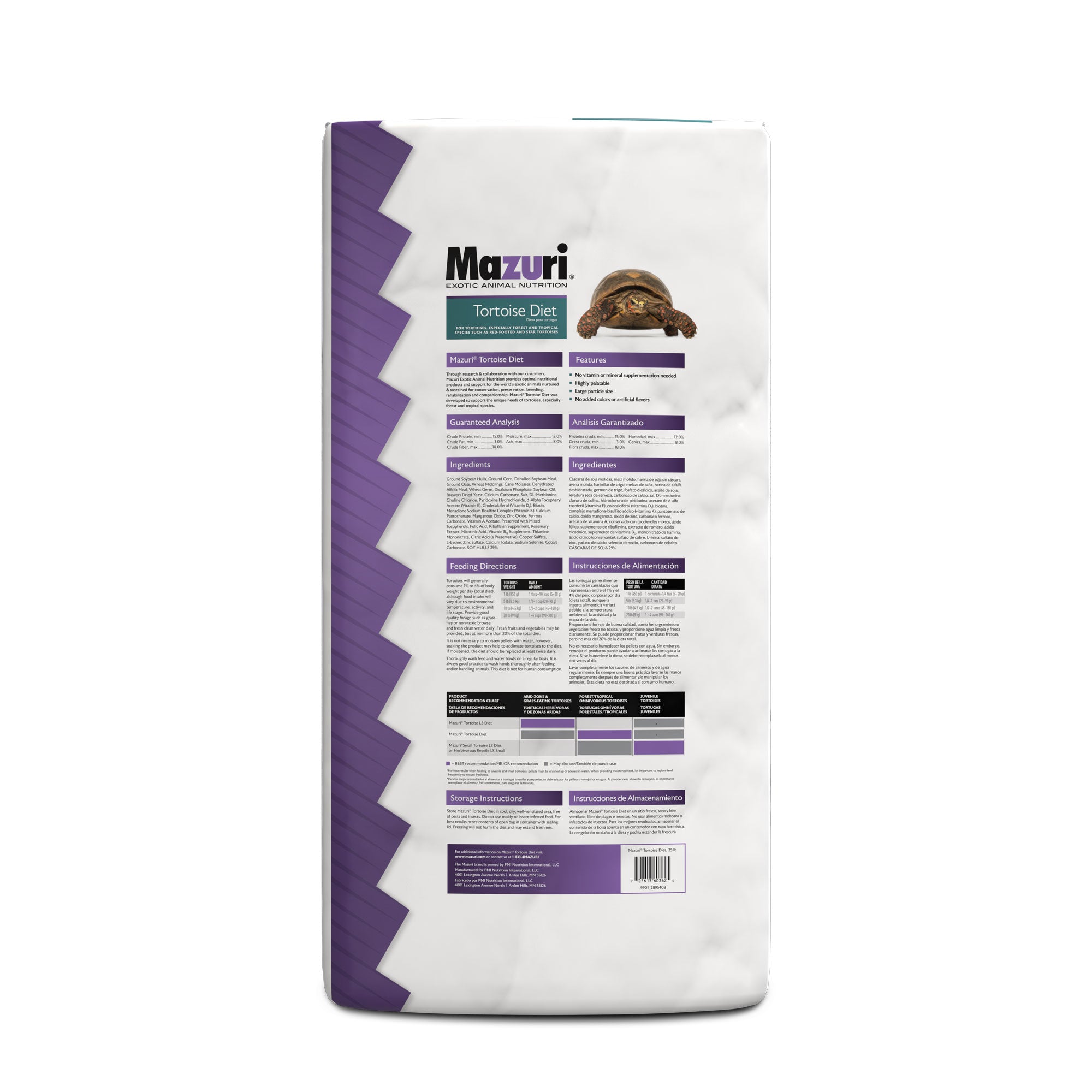 Mazuri Tortoise Diet large bag showing features, guarantees and feeding directions