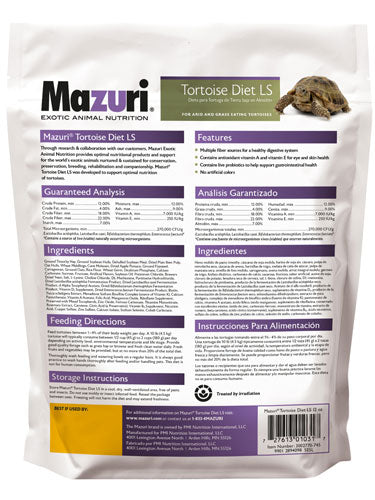 mazuri tortoise LS diet 12 oz bag back with ingredients and feeding directions.