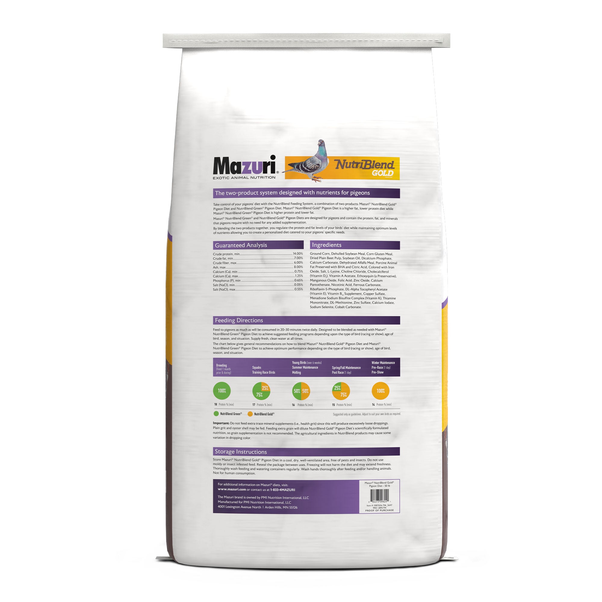 Mazuri NutriBlend Pigeon gold and brown bag back with guaranteed analysis, ingredients and feeding directions.