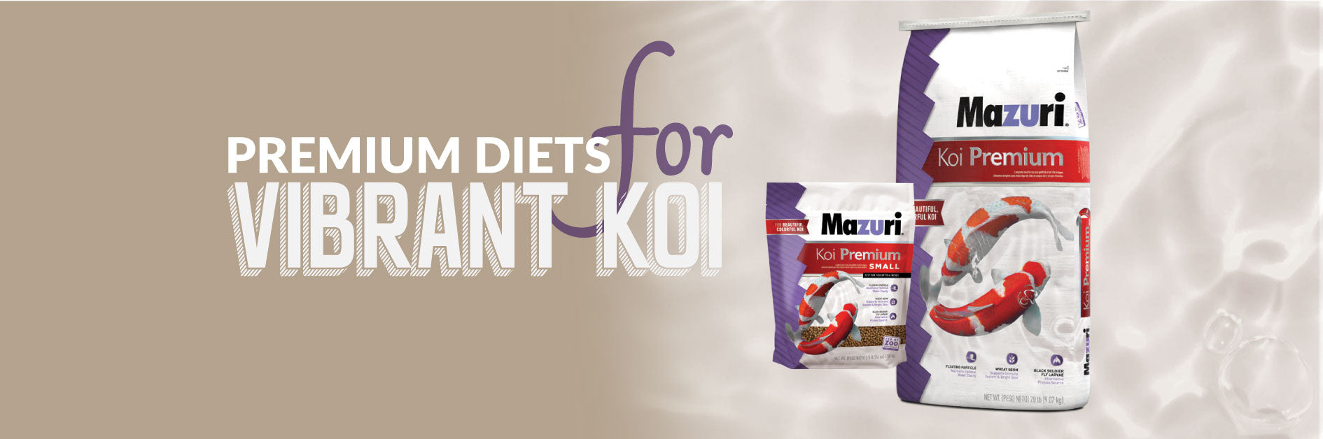 Mazuri Koi Premium fish food packaging with text on a beige background