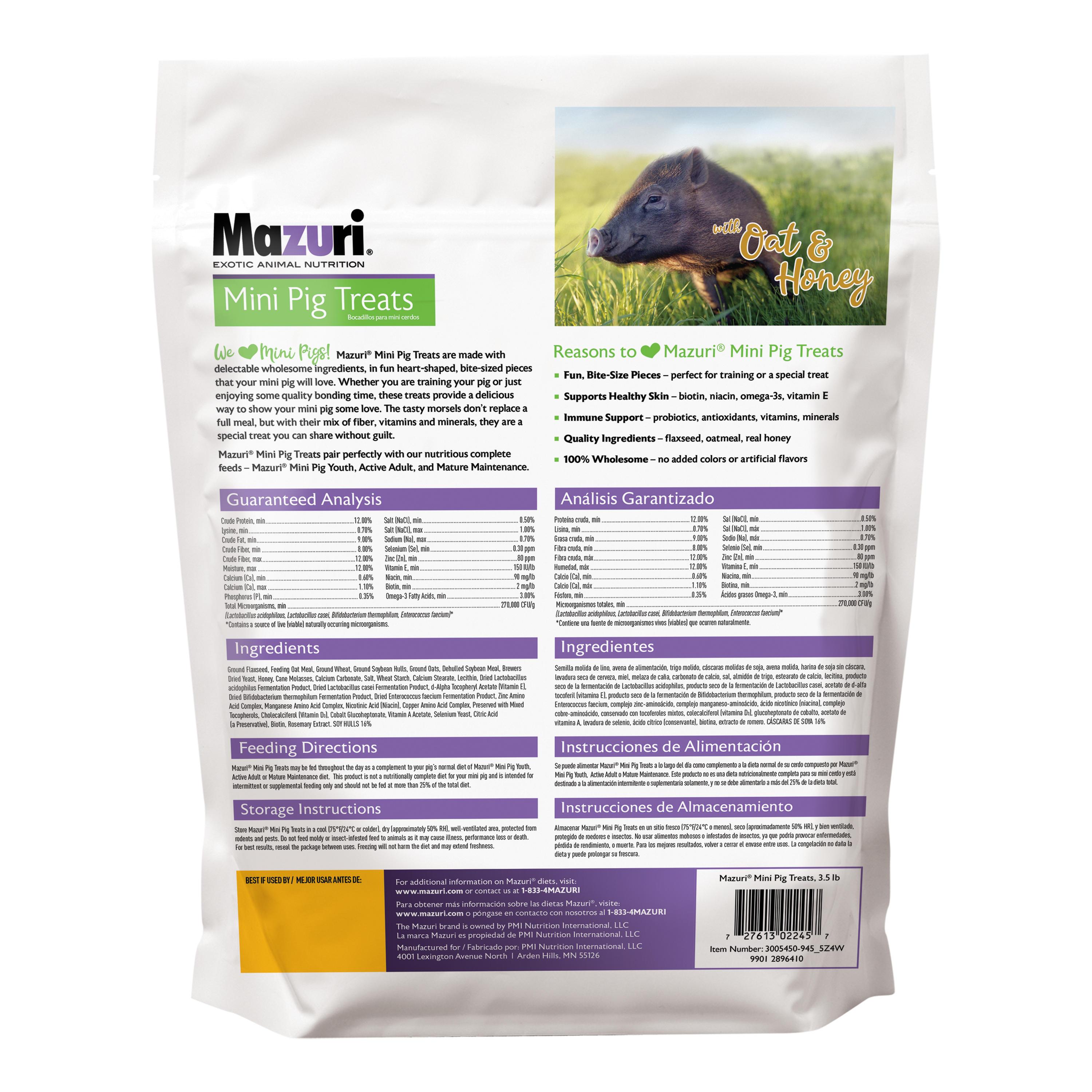 Mini Pig Treats bag back with guaranteed analysis and ingredients