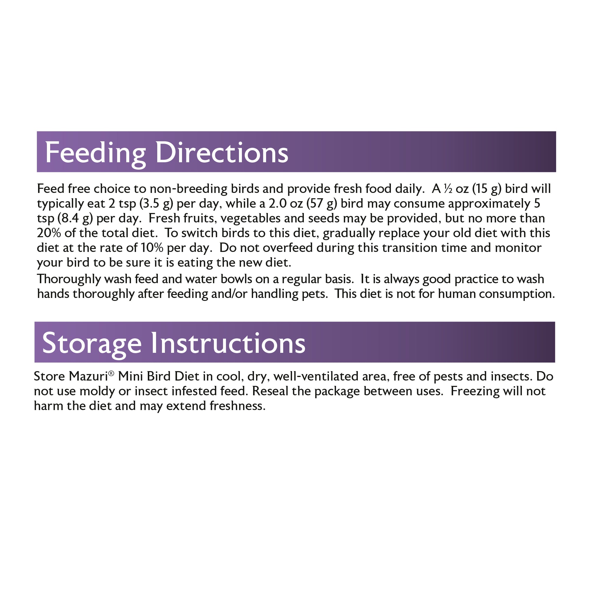 Mini Bird Diets Feeding Directions