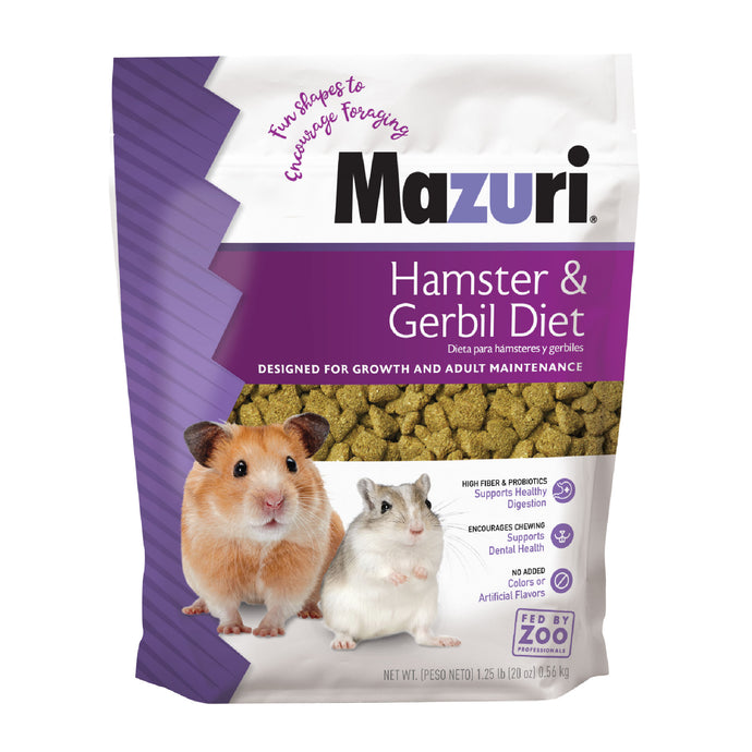 Mazuri Hamster & Gerbil Diet small bag with picture of a tan hamster and gray and white gerbil
