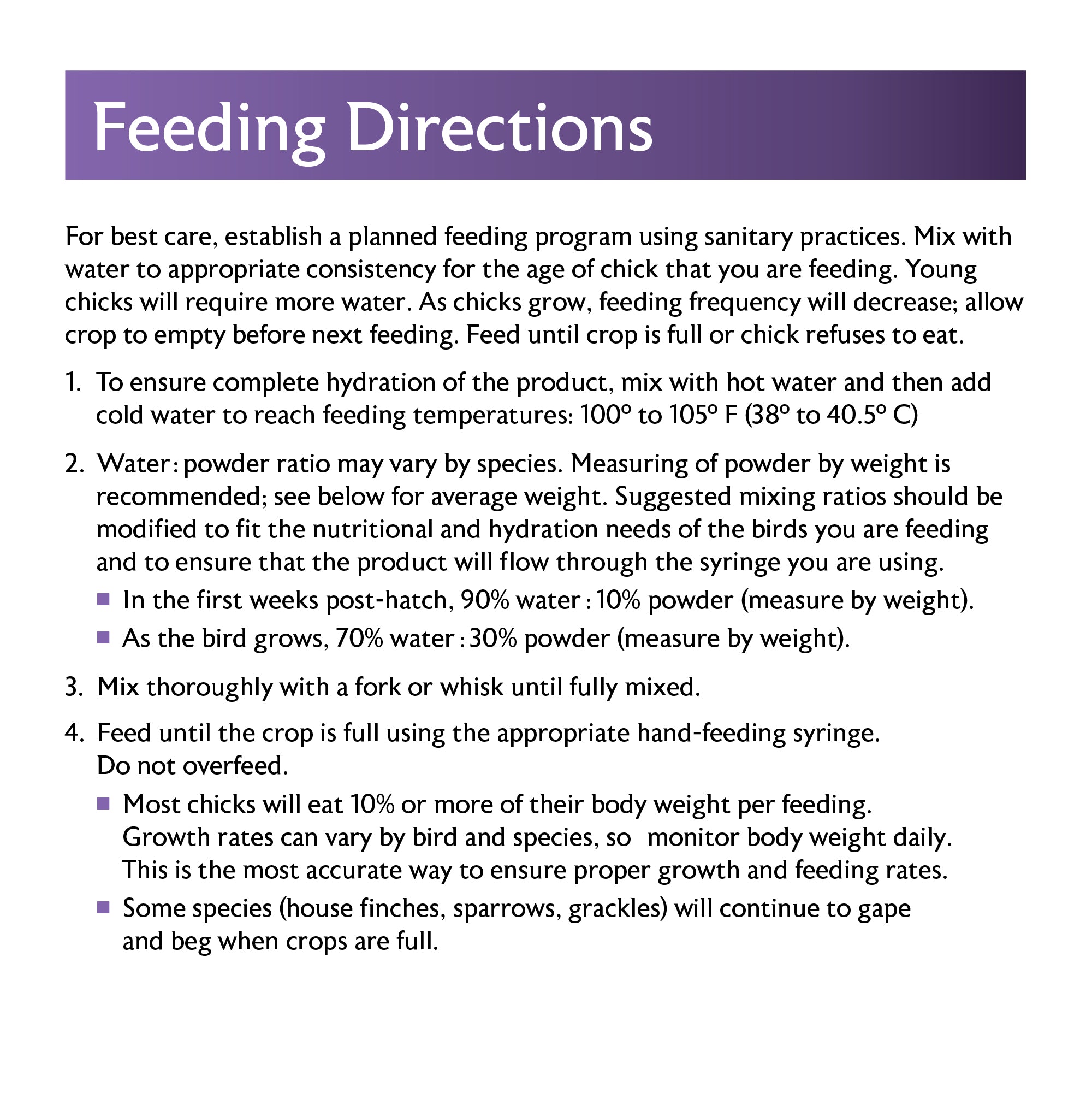 Songbird Hand Feeding Formula Feeding Directions