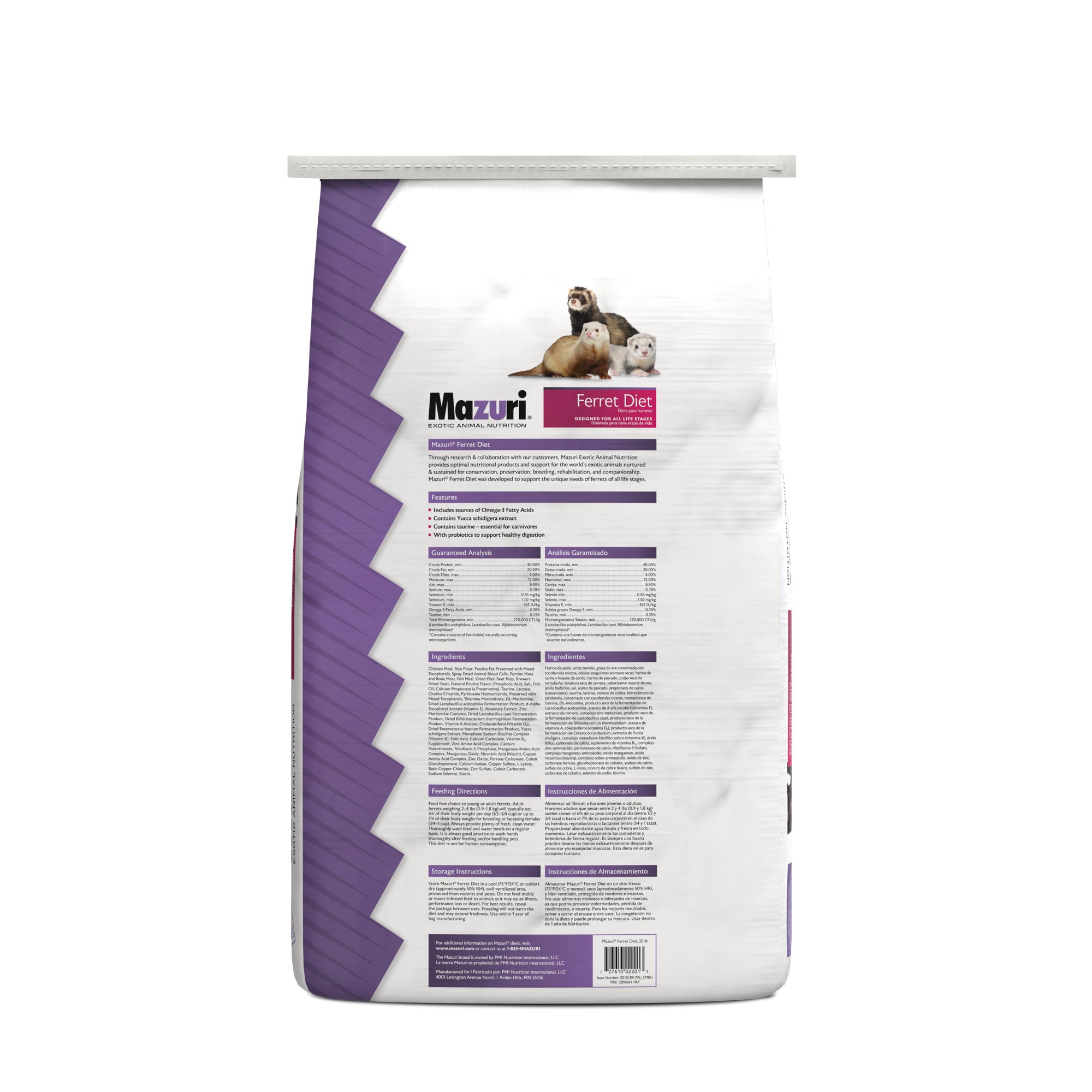 mazuri ferret diet 25 lb bag back with ingredients and feeding directions