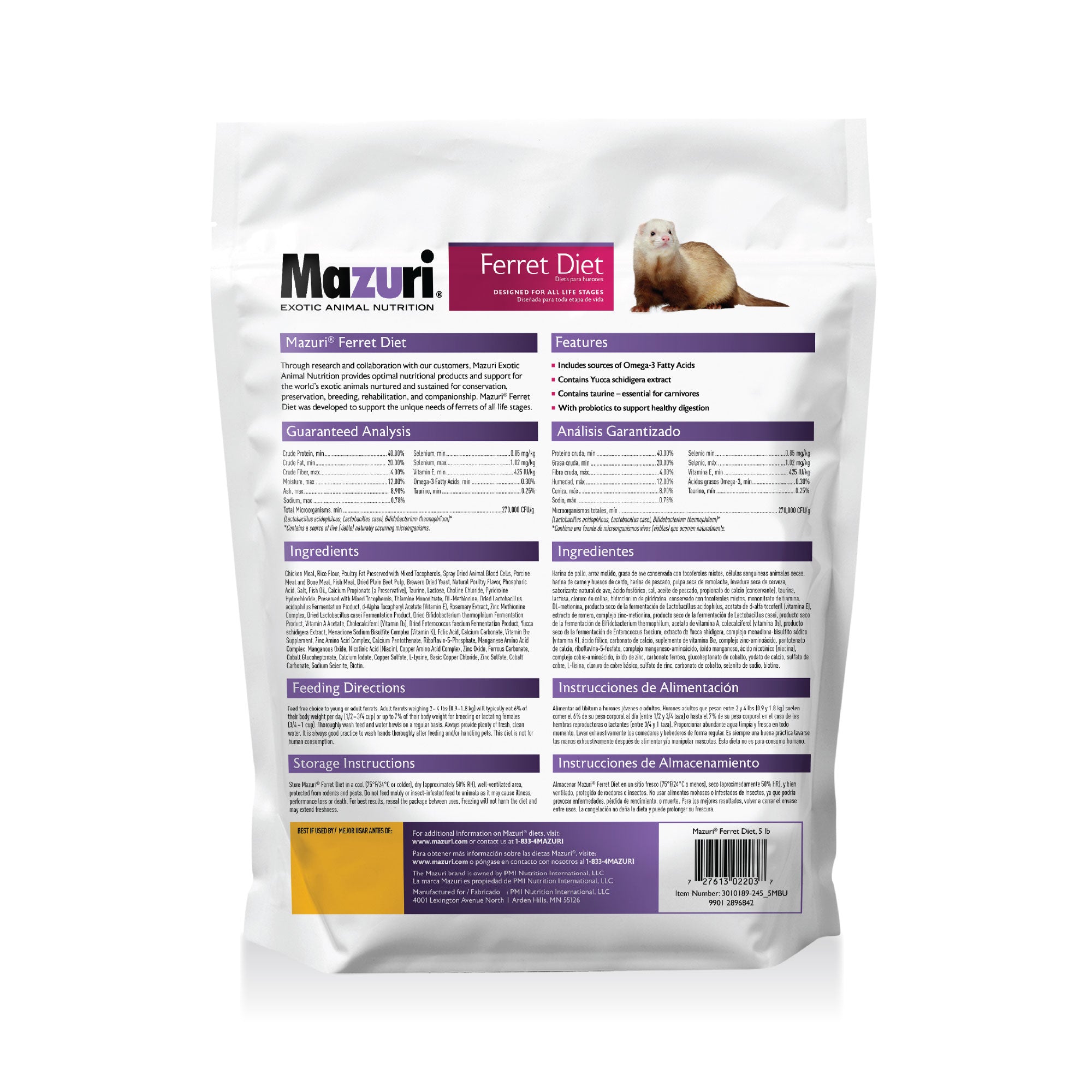 Ferret Diet small pack 5 lb back of bag with ingredients and feeding directions