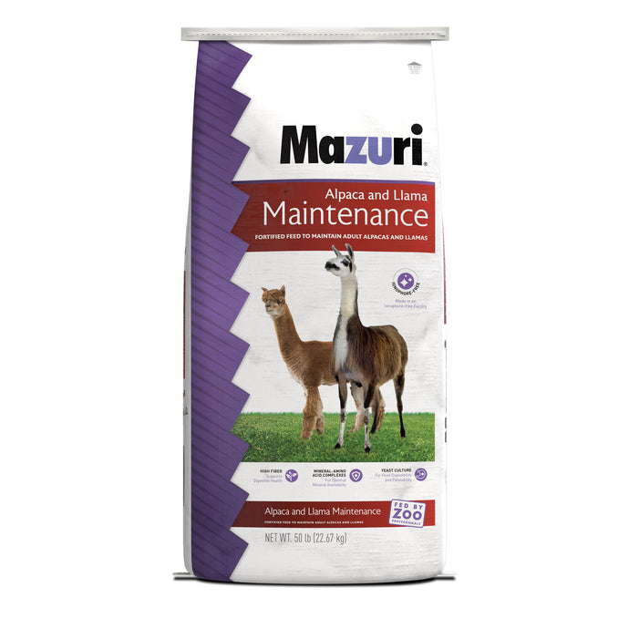 Mazuri Alpaca Llama Maintenance large bag with a tan alpaca and brown and white llama